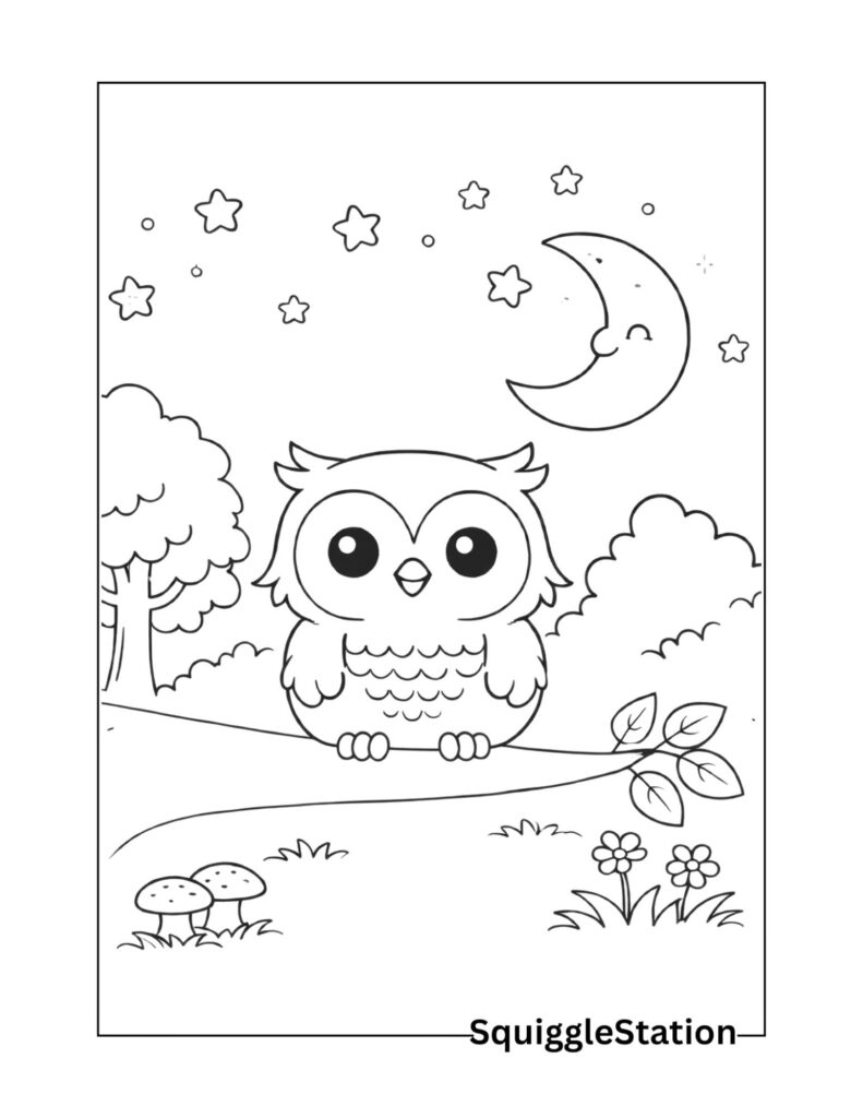 Cute nighttime owl coloring page with an owl under the moon