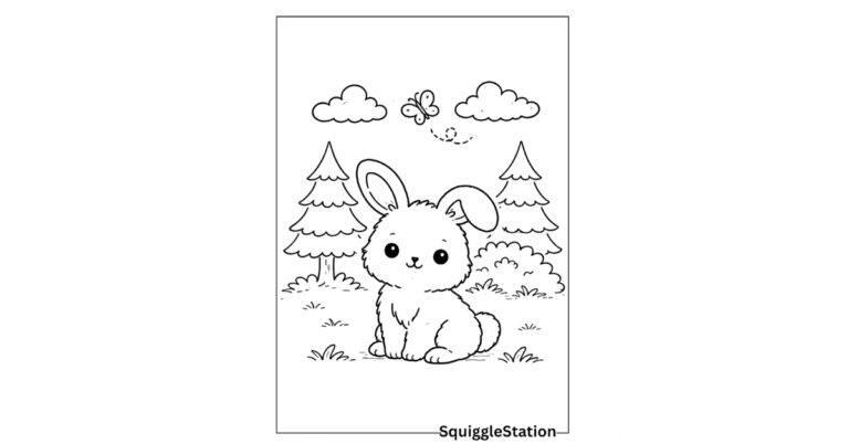 Cute rabbit coloring pages featuring adorable woodland bunnies, free printable PDFs for kids