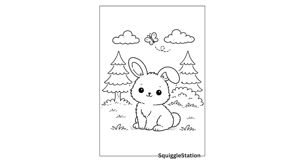 Cute rabbit coloring pages featuring adorable woodland bunnies, free printable PDFs for kids