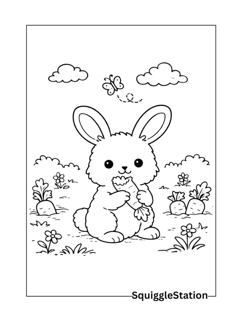 Cute rabbit eating carrot coloring page with a happy bunny