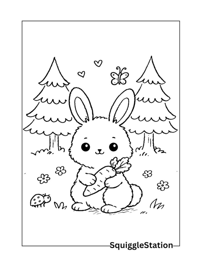 Cute rabbit in forest coloring page featuring a bunny among trees