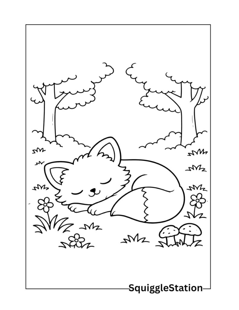 Cute sleeping fox coloring page showing a peaceful fox resting