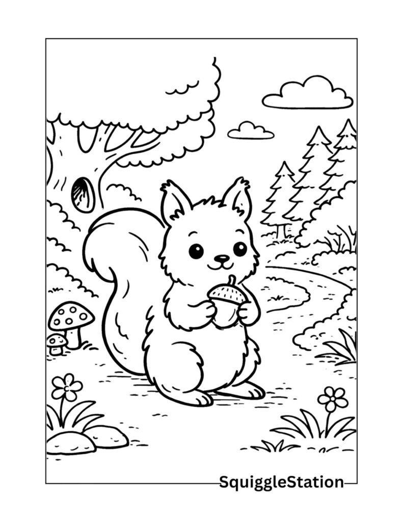 Cute squirrel with acorn coloring page for kids to color