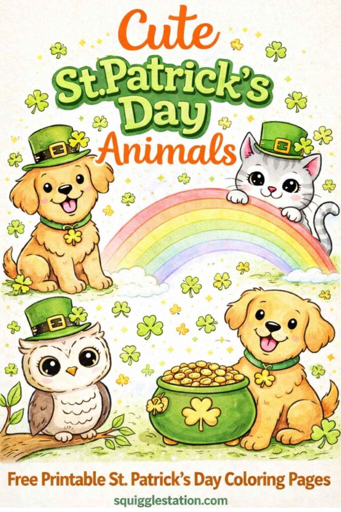 Cute St. Patrick’s Day animal coloring pages for kids featuring dogs, cats, owls, rainbows, and lucky shamrocks – free printable coloring pages.