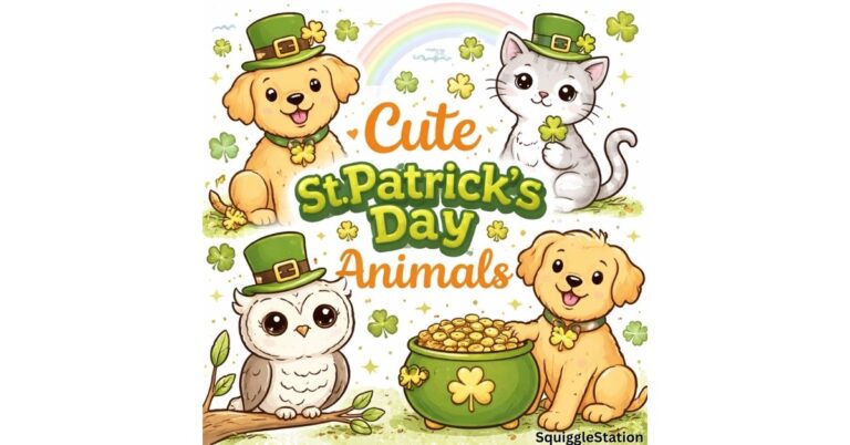 Cute St. Patrick’s Day animals coloring pages featuring dogs, cats, owls, and woodland animals – free printable coloring pages for kids