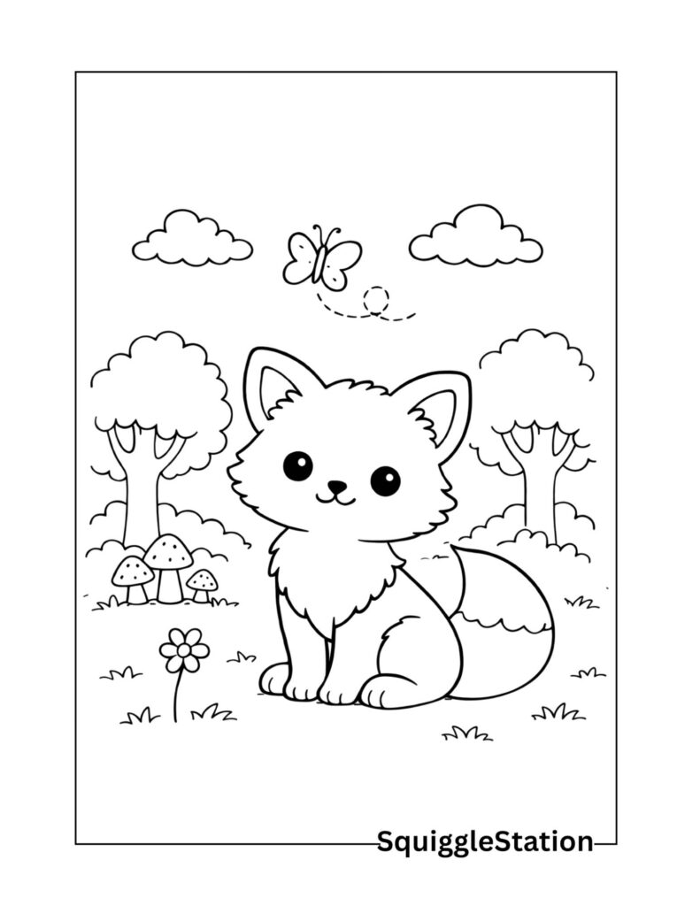 Cute woodland fox coloring page with a smiling fox in a forest setting