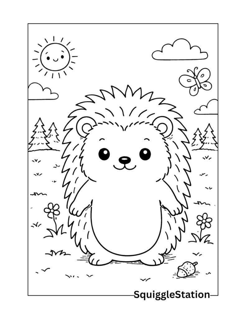 Cute Hedgehog Coloring Pages (Free Printable PDFs) 2 Cute woodland hedgehog coloring page with a happy hedgehog in a meadow in the forest