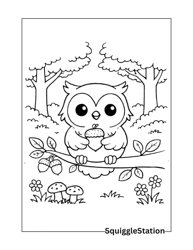 Simple Woodland Owl Coloring Page with a friendly owl for kids