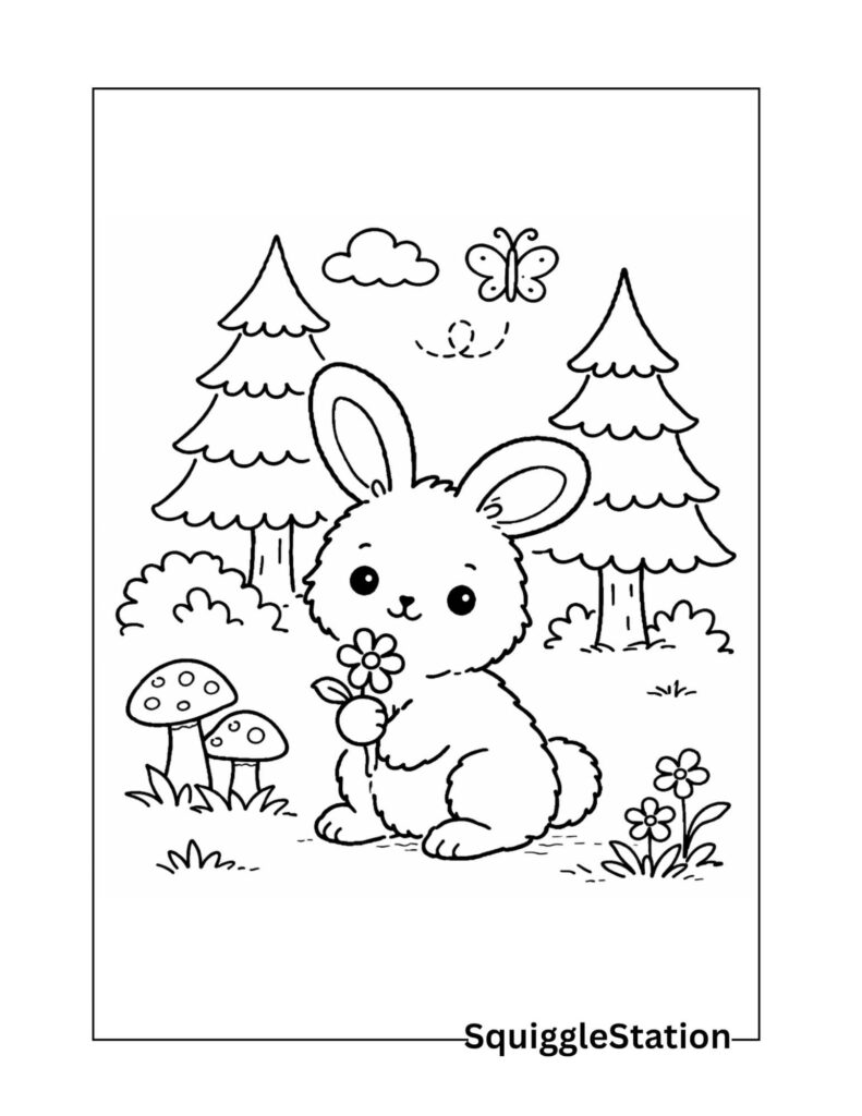 Cute woodland rabbit coloring page with a sweet bunny in the forest