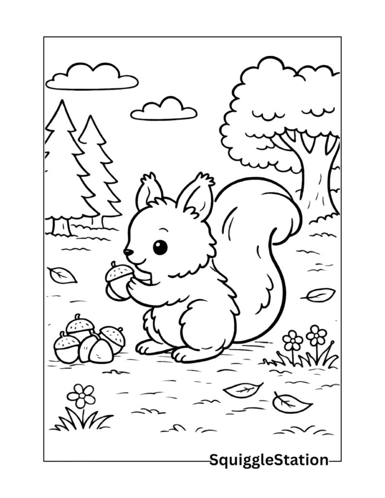 Cute woodland squirrel coloring page featuring a friendly squirrel gathering nuts