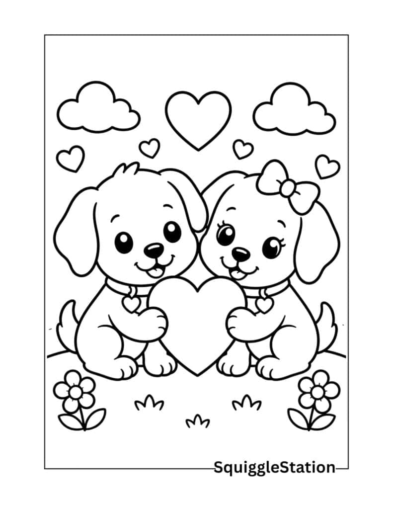 Cute puppy couple coloring page featuring two puppies holding a heart together.