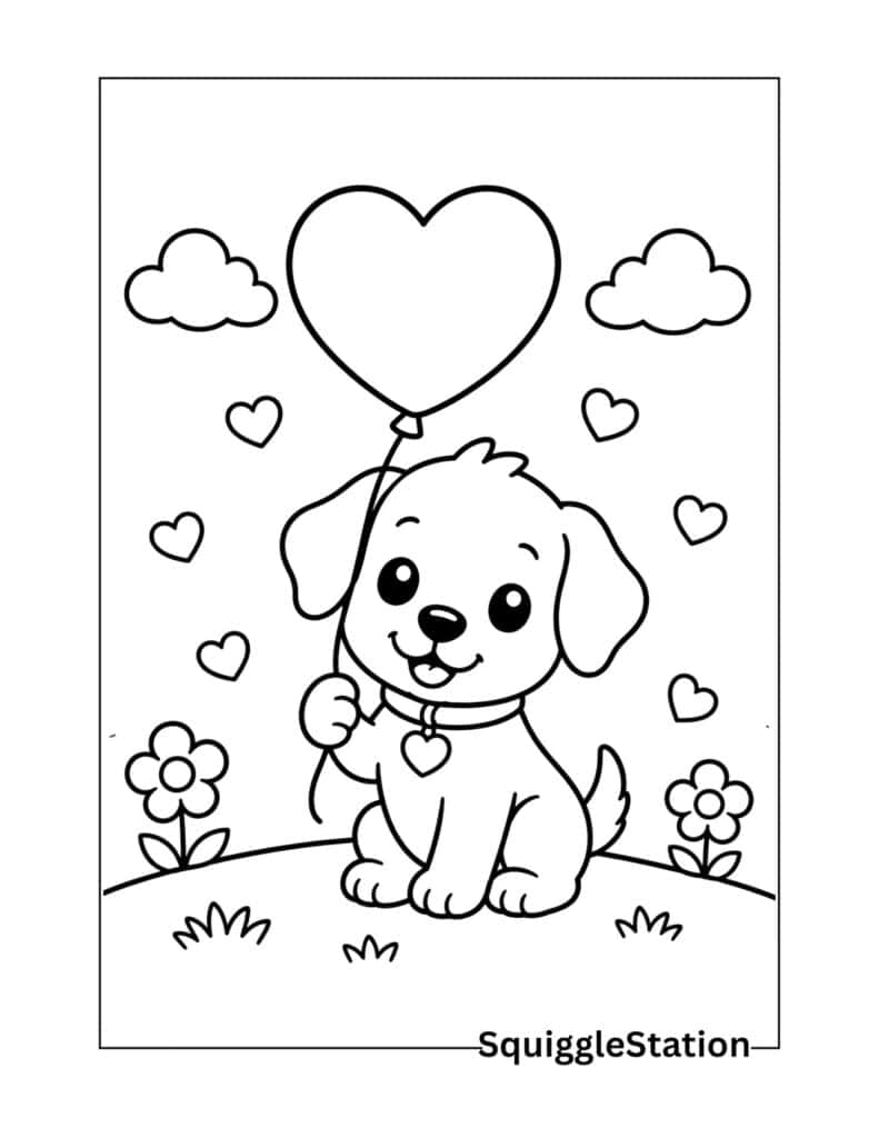 Cute puppy holding a heart balloon coloring page with hearts, flowers, and clouds.