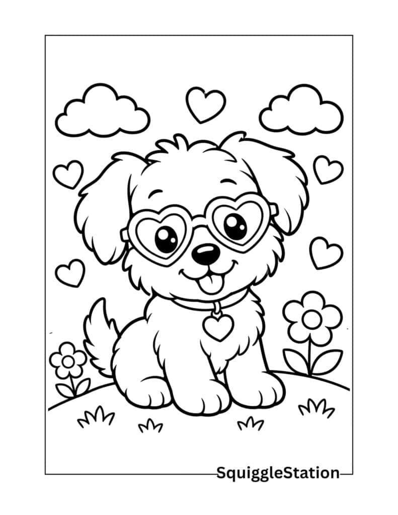 Cute fluffy puppy wearing heart-shaped sunglasses coloring page with hearts and flowers.