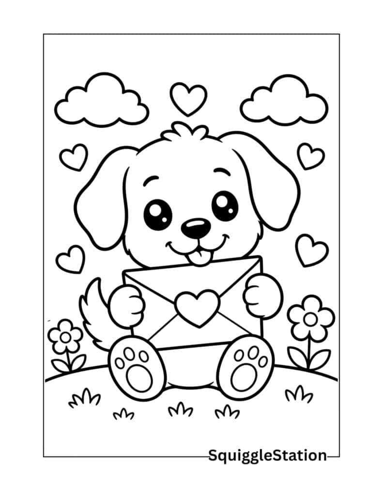 Cute puppy holding a love letter coloring page with hearts, flowers, and clouds.