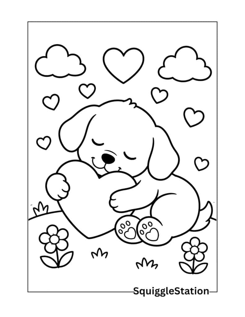 Sleeping puppy hugging a heart coloring page with hearts, clouds, and flowers.