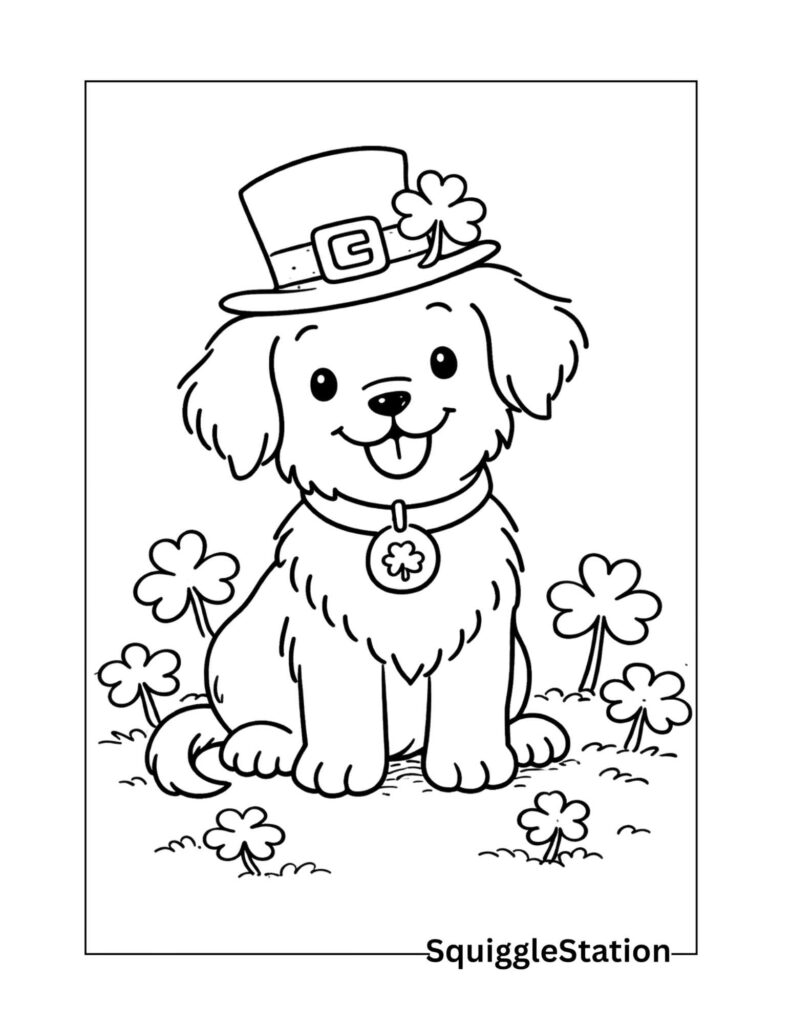 St. Patrick’s Day dog coloring sheet with clovers, free printable lucky puppy coloring page for kids