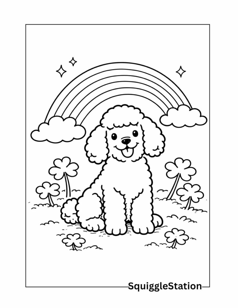 St. Patrick’s Day dog coloring page featuring a cute poodle with a rainbow, free printable coloring sheet for kids
