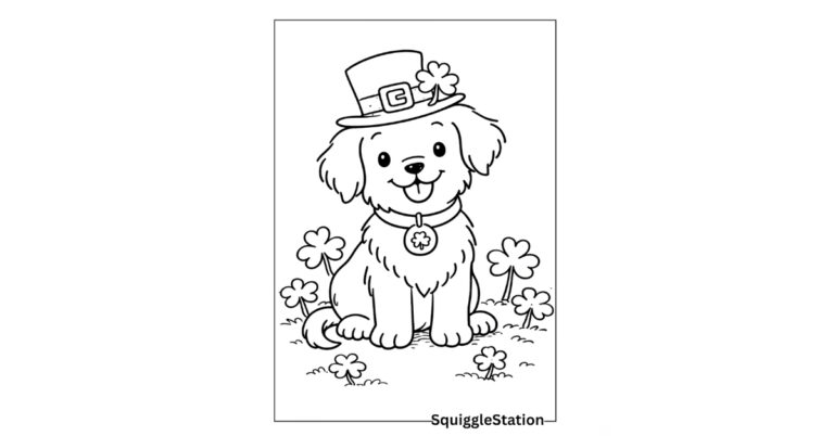 St Patrick’s Day dog coloring pages featuring cute puppies and shamrocks for kids