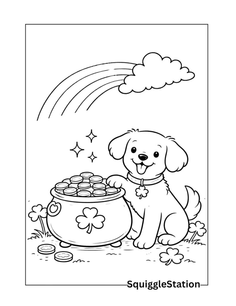 St. Patrick’s Day dog coloring page with a pot of gold, free printable puppy coloring sheet for kids