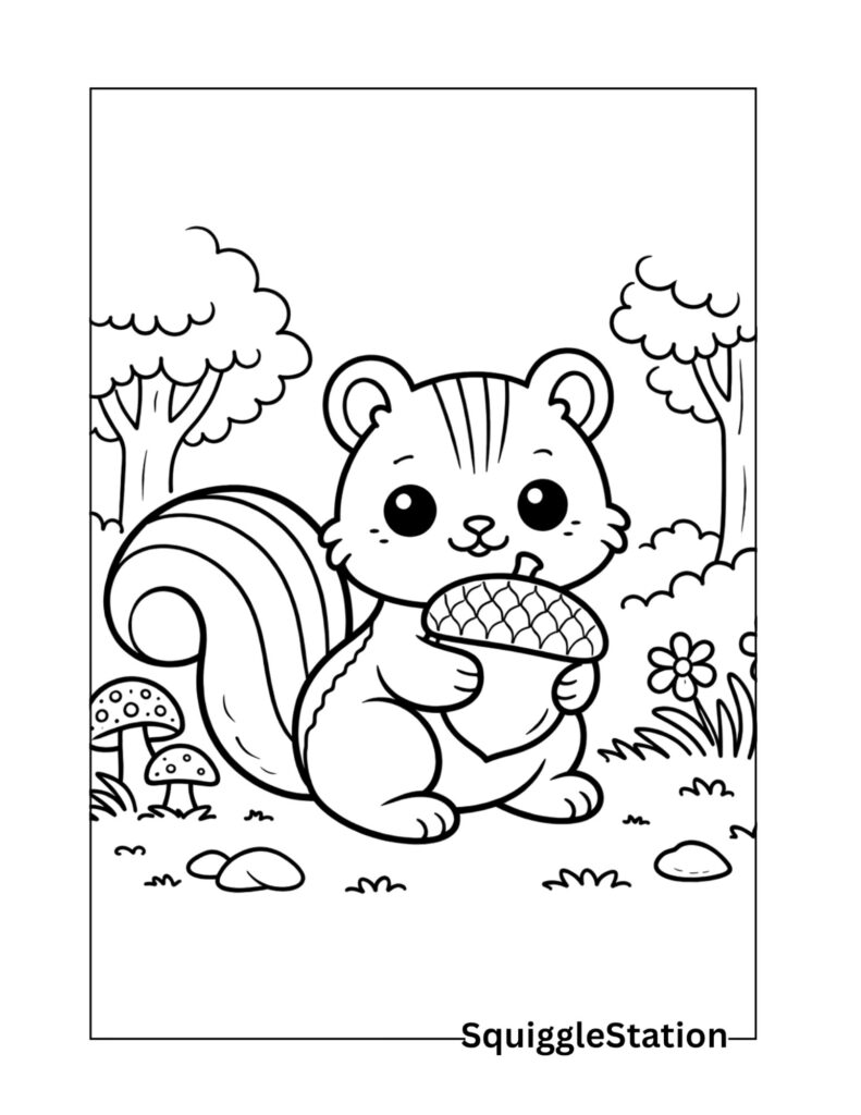Cute chipmunk holding an acorn coloring page
