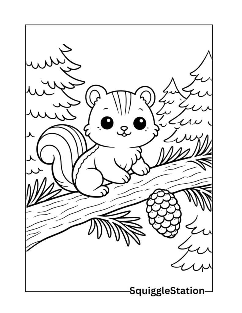 Chipmunk in the forest coloring page for kids