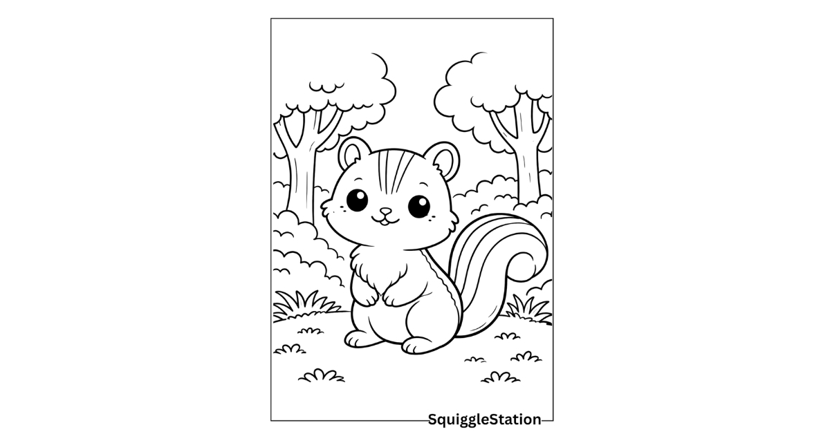 Cute chipmunk coloring pages featured image preview of a cute chipmunk in the forest.
