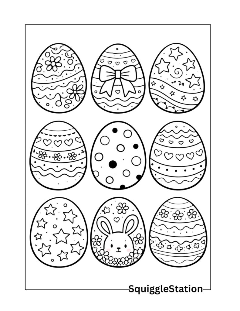 Decorated Easter egg coloring page with fun patterns and bold outlines