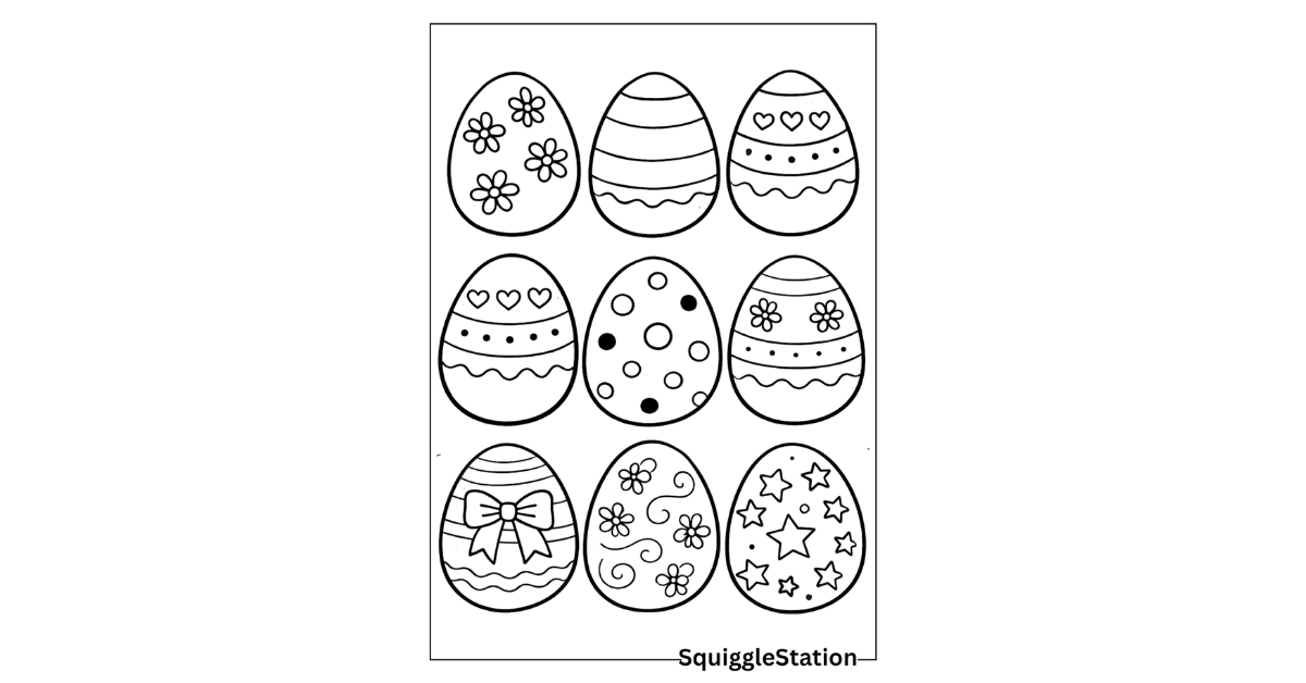 Easter egg coloring pages featuring large eggs with simple designs for kids