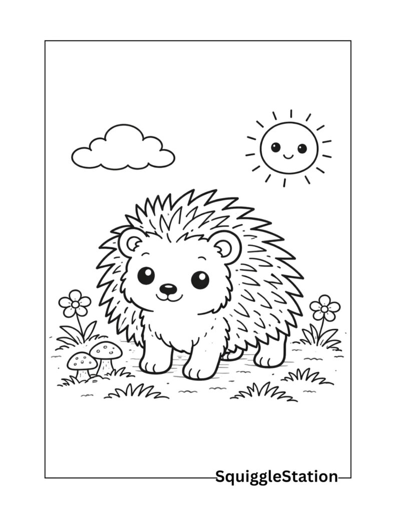 Easy porcupine coloring page with bold outlines
