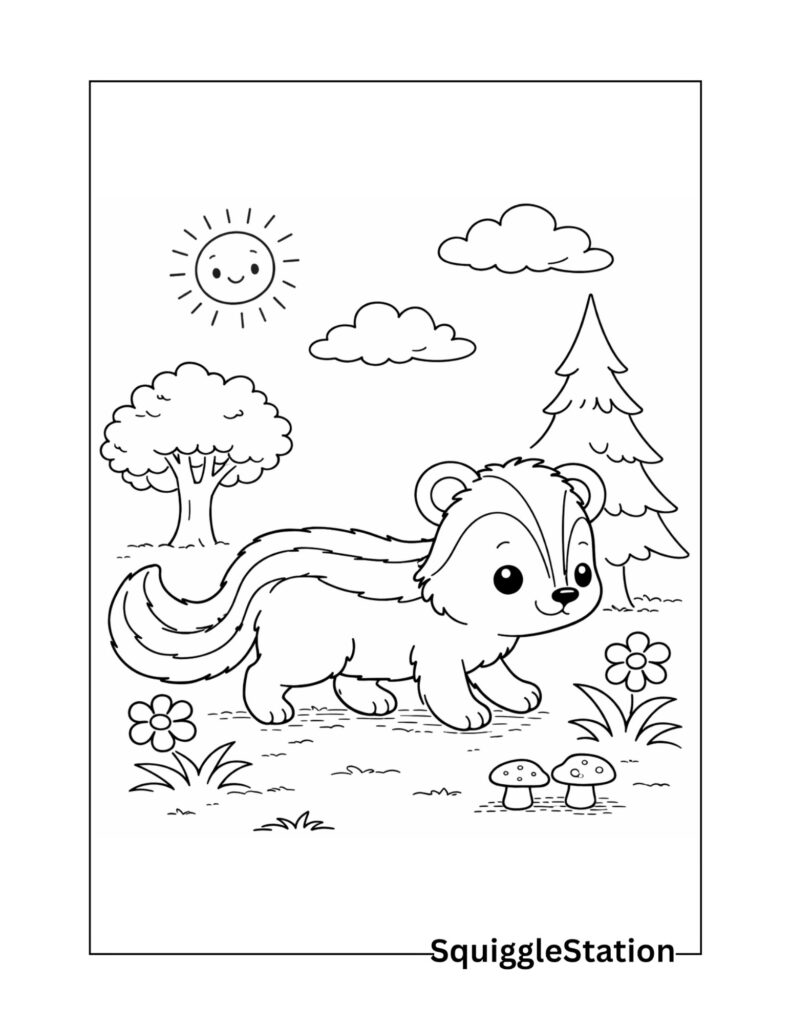 Easy skunk coloring page with bold outlines
