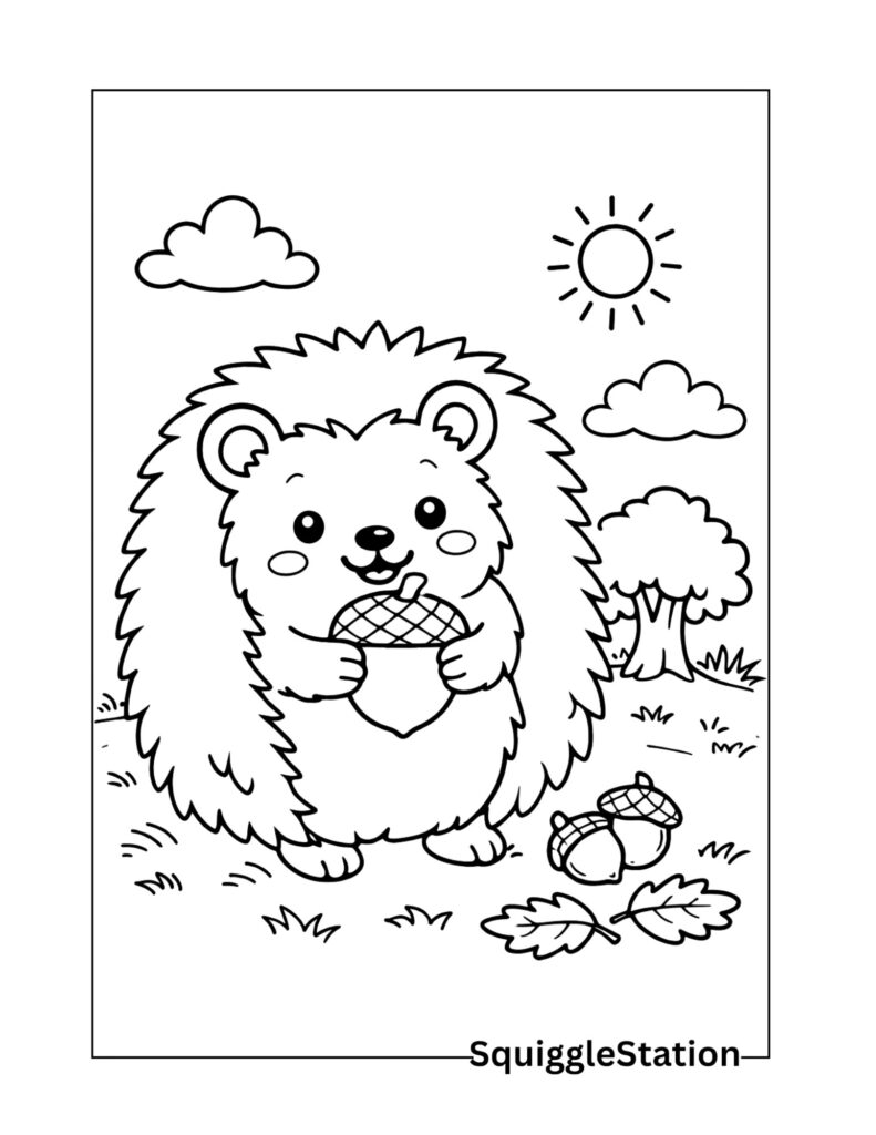 Cute Hedgehog Coloring Pages (Free Printable PDFs) 10 hedgehog holding acorn coloring page