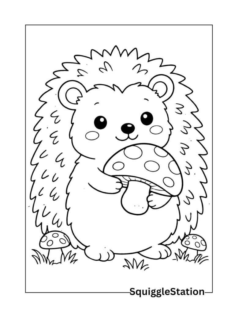 Cute Hedgehog Coloring Pages (Free Printable PDFs) 8 hedgehog holding a mushroom coloring page