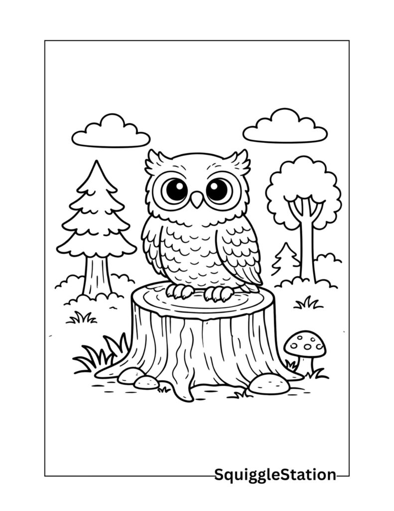 owl on tree stump coloring page