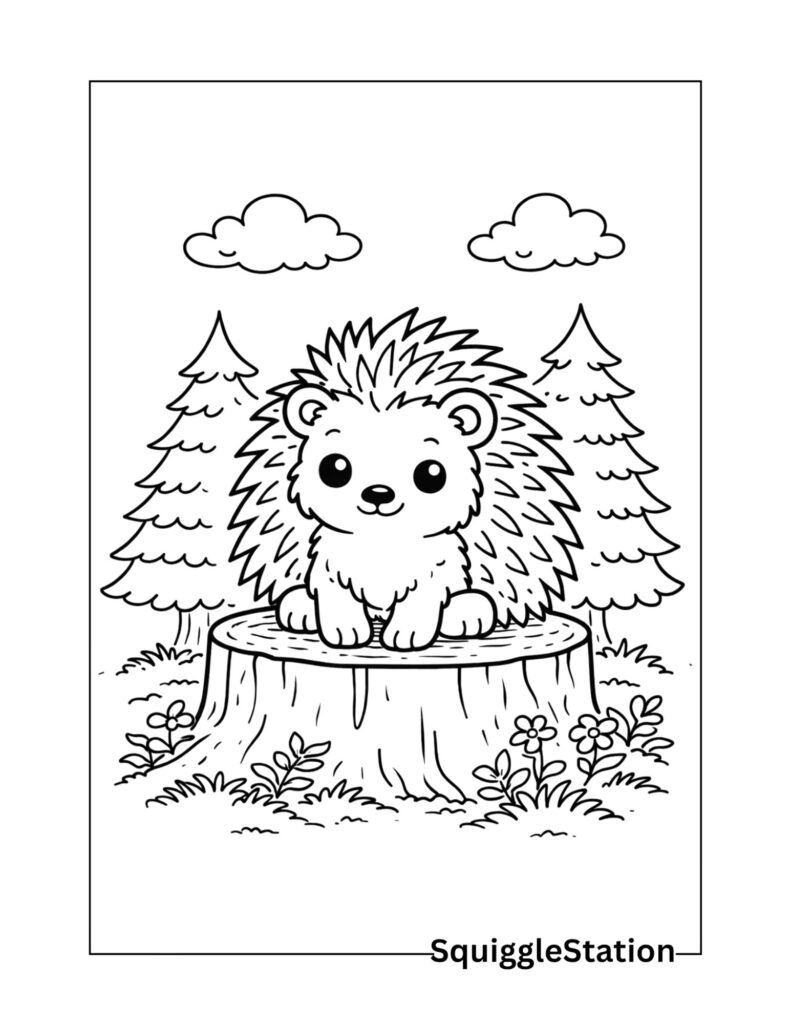 Porcupine in the forest coloring page for kids
