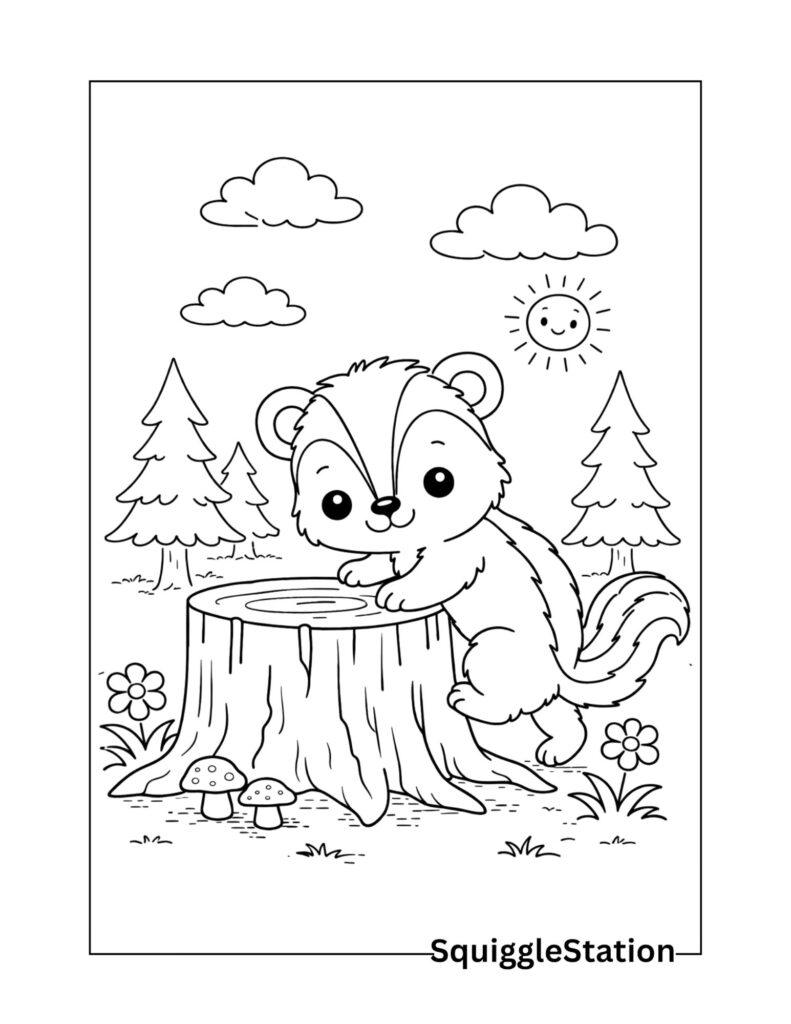 Skunk in the forest coloring page for kids

