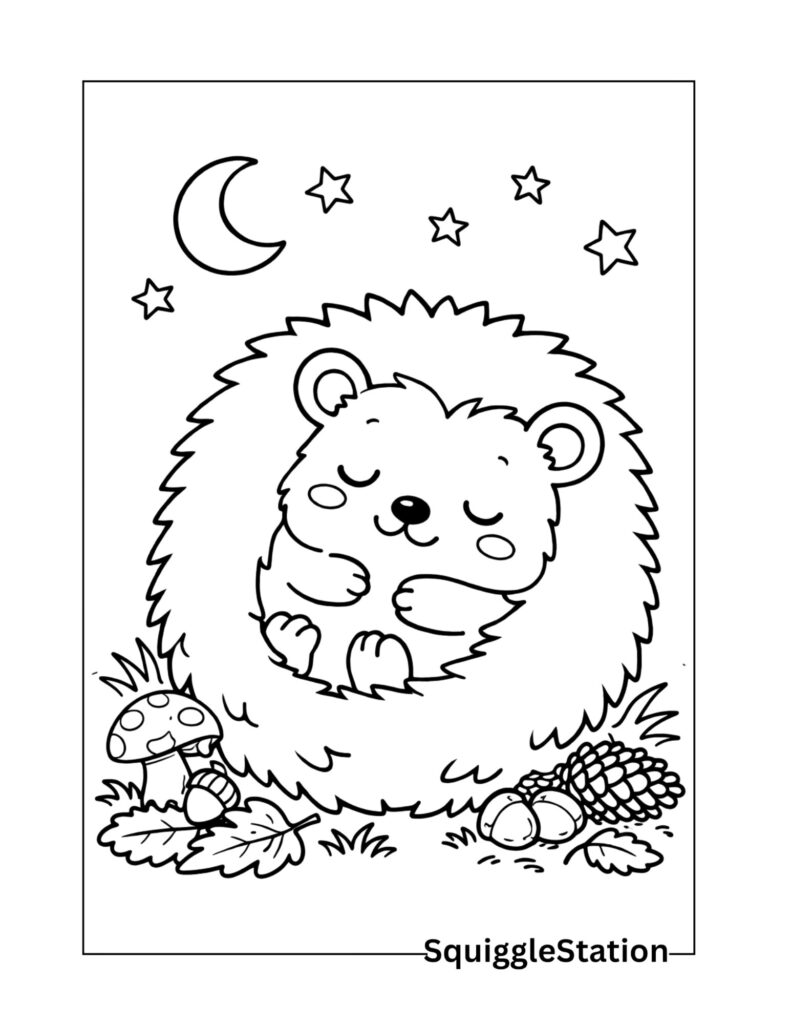 Cute Hedgehog Coloring Pages (Free Printable PDFs) 9 sleeping hedgehog curled up under moon and stars coloring page