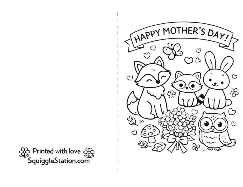 Cute animal Mothers Day coloring card printable
