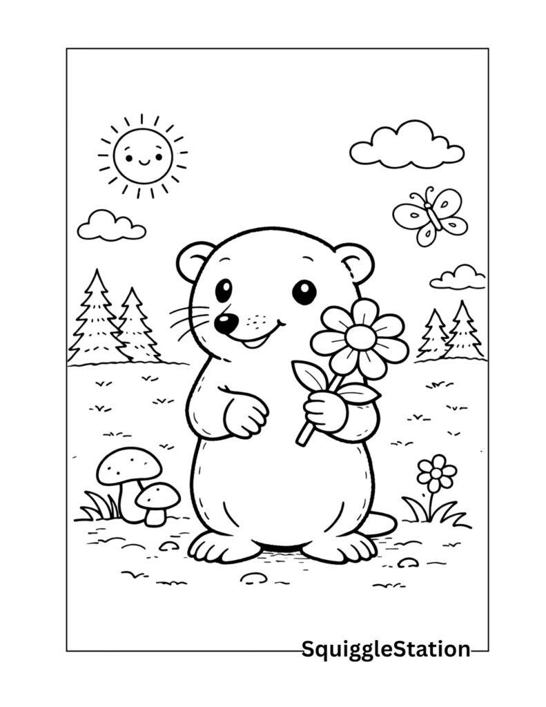 cute mole holding flower coloring page printable woodland animal