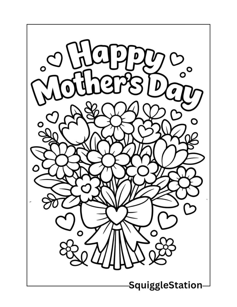 Mother’s Day Coloring Pages (Free Printable PDFs) 2 Happy Mothers Day flower bouquet coloring page for kids