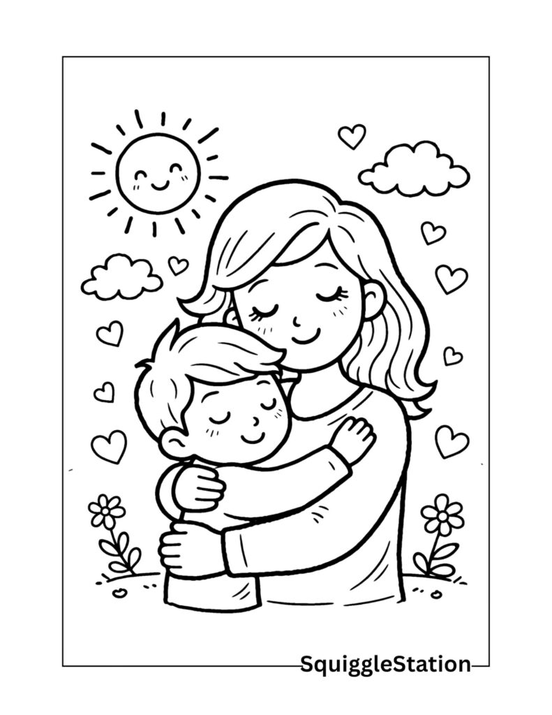 Mother’s Day Coloring Pages (Free Printable PDFs) 3 Cute mom hugging her child Mother’s Day coloring page printable with simple background