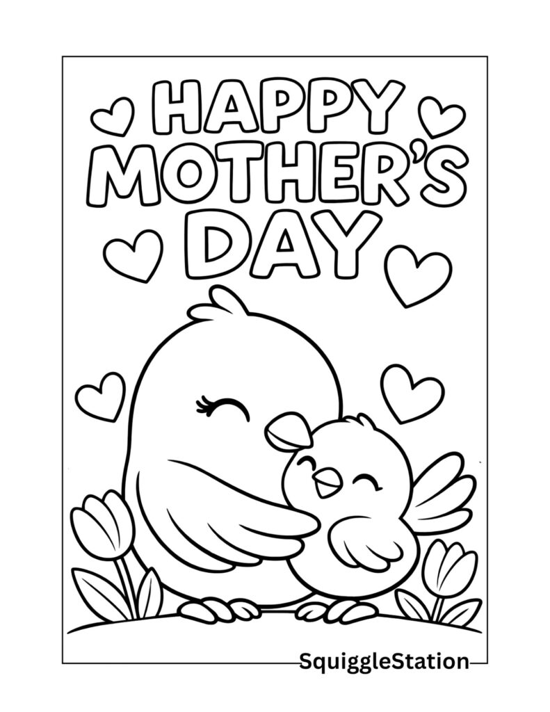 Cute Animal Mother’s Day Coloring Pages (Free Printable) 4 Mother bird and baby chick Mothers Day coloring page