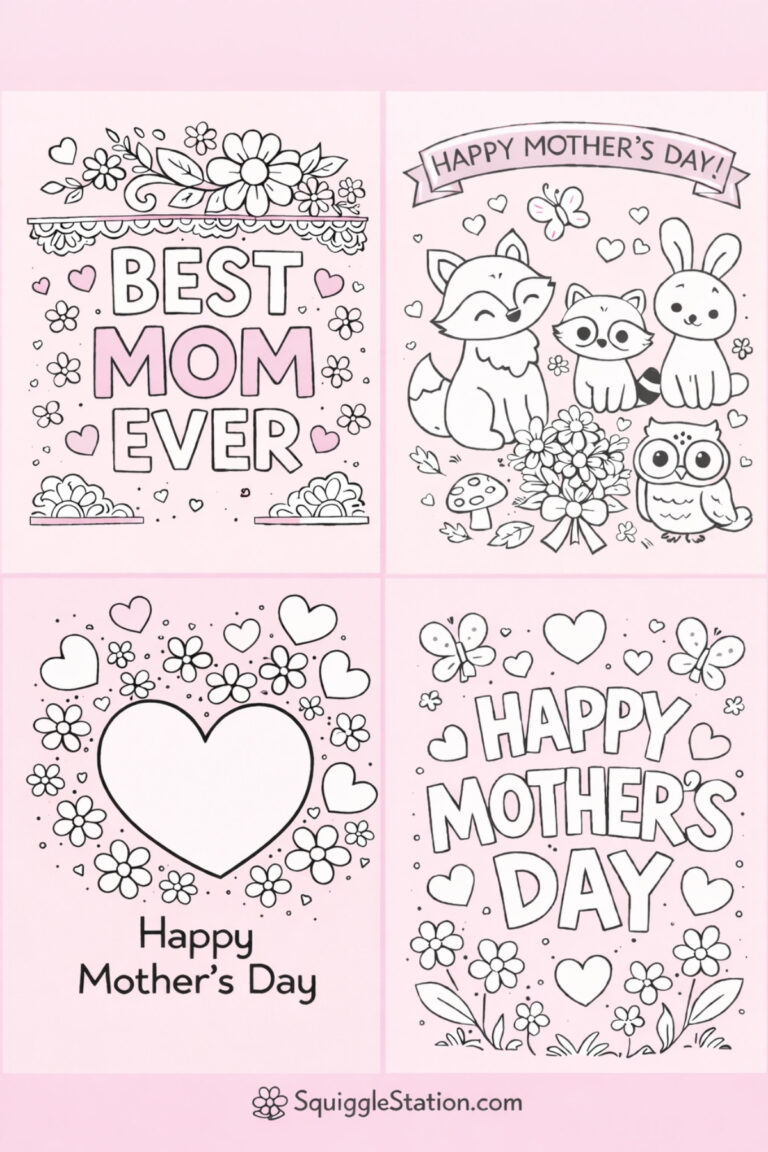 Free printable Mother's Day coloring cards for kids featuring cute animals, flowers, and hearts – foldable cards to color from SquiggleStation