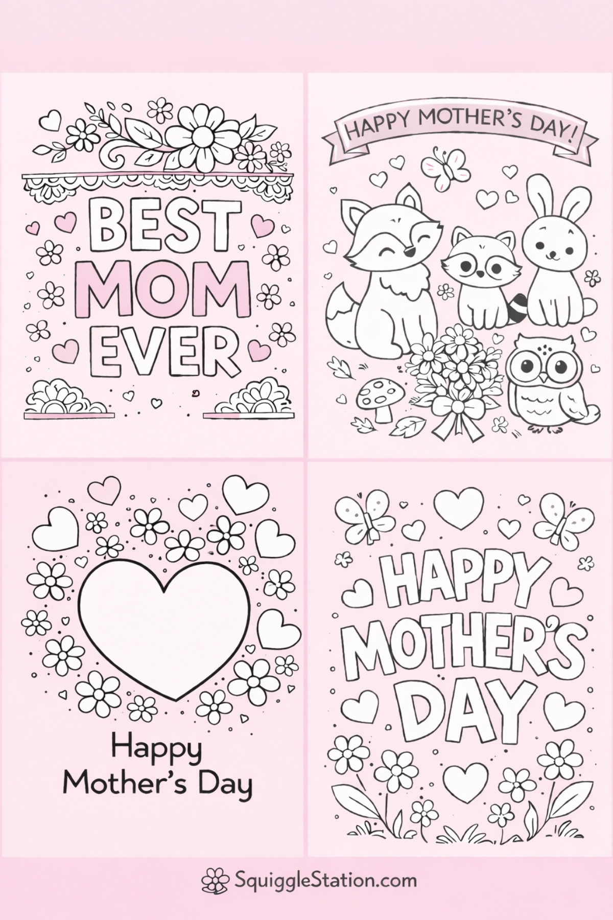 Free printable Mother's Day coloring cards for kids featuring cute animals, flowers, and hearts – foldable cards to color from SquiggleStation