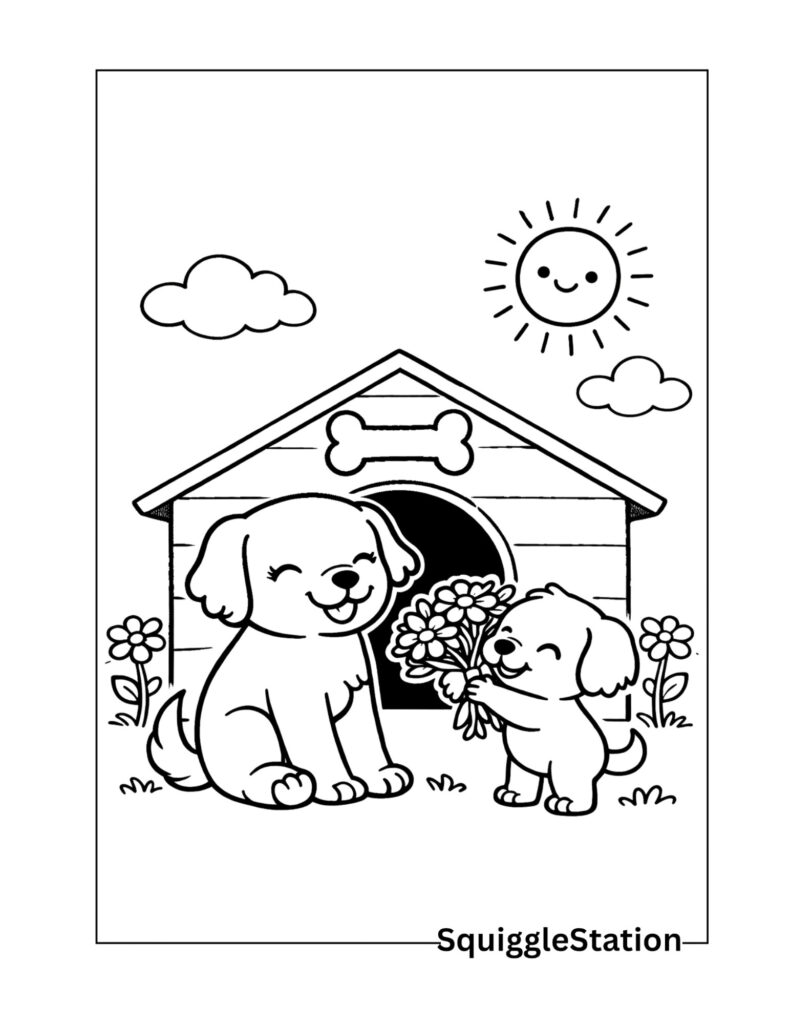 Cute Animal Mother’s Day Coloring Pages (Free Printable) 6 Puppy giving flowers Mothers Day coloring page