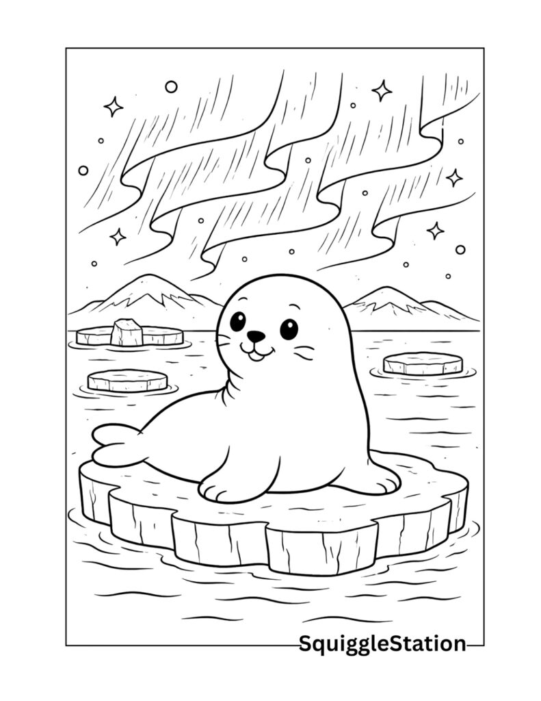 seal under northern lights coloring page