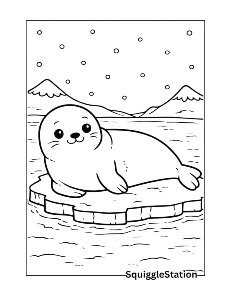 Arctic seal relaxing on ice floe in snowy ocean — free arctic seal on ice coloring page printable for kids.