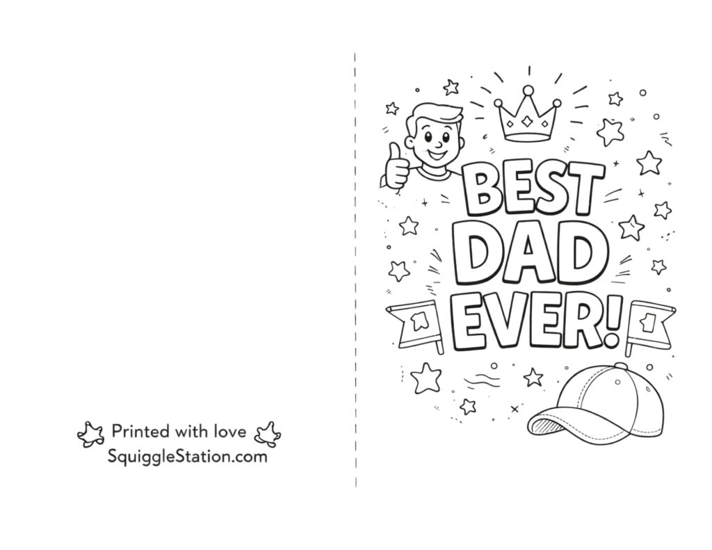 best dad ever card to color free printable for kids with crown stars and fun bold outlines