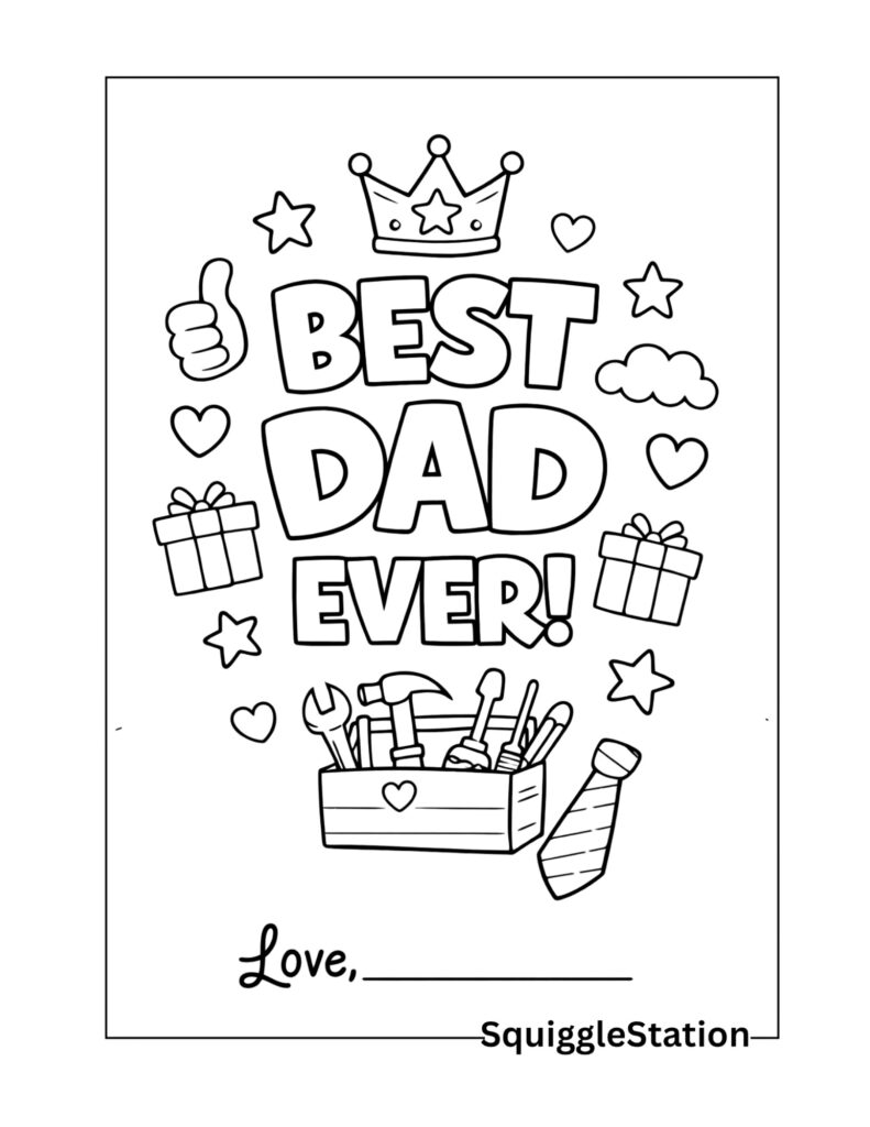 best dad ever coloring page free printable for kids with bold letters and simple shapes