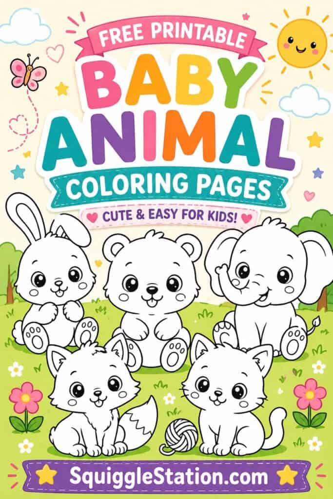 Cute baby animal coloring pages for kids featuring bunny, bear, elephant, fox, and kitten printable PDF
