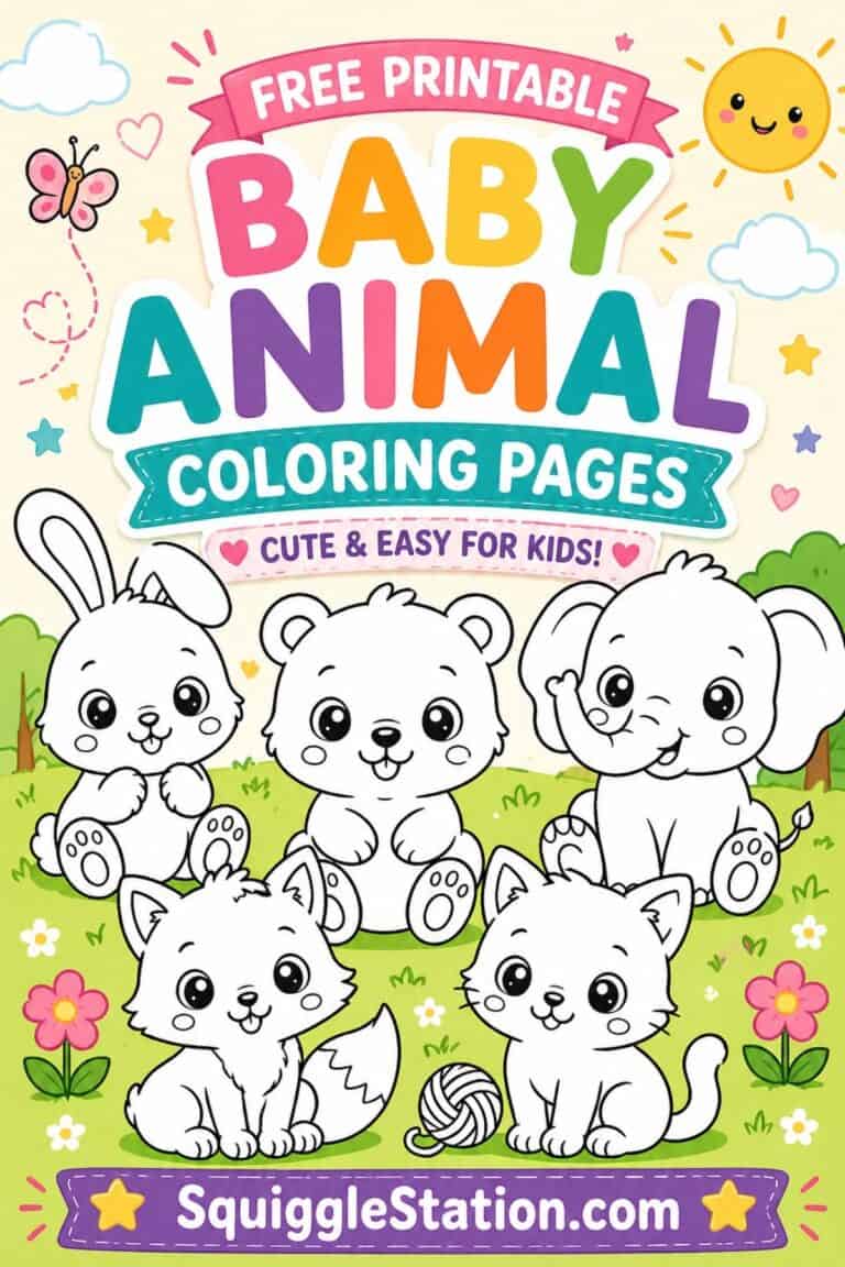 Cute baby animal coloring pages for kids featuring bunny, bear, elephant, fox, and kitten printable PDF